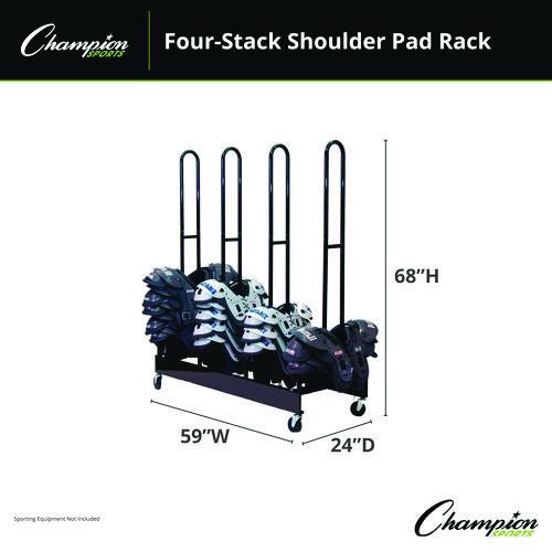Image of Champion Sports FBSPR4 Mobile Four-Stack Shoulder Pad Rack, Metal, 176 lb Capacity, 24" x 59" x 68", Black