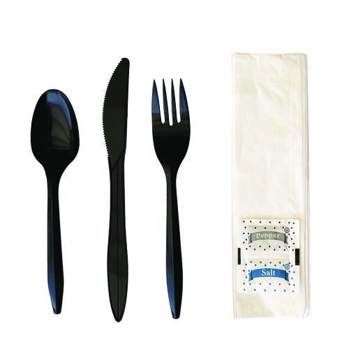 Image of BoardwalkÂ® Six-Piece Cutlery Kit, Mediumweight, Fork/Knife/Napkin/Pepper/Salt/Spoon, 5.86", Plastic, Black, 250/Carton