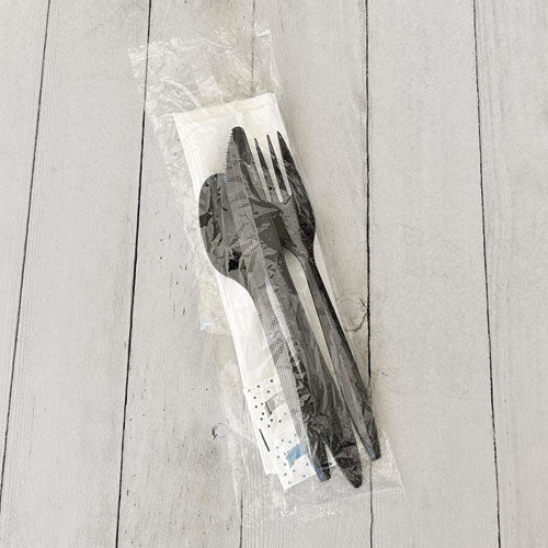 Image of BoardwalkÂ® Six-Piece Cutlery Kit, Mediumweight, Fork/Knife/Napkin/Pepper/Salt/Spoon, 5.86", Plastic, Black, 250/Carton