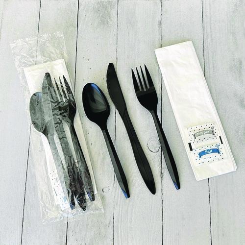 Image of BoardwalkÂ® Six-Piece Cutlery Kit, Mediumweight, Fork/Knife/Napkin/Pepper/Salt/Spoon, 5.86", Plastic, Black, 250/Carton