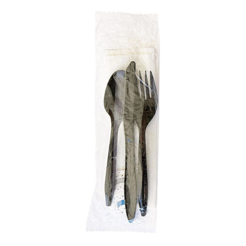 Image of BoardwalkÂ® Six-Piece Cutlery Kit, Mediumweight, Fork/Knife/Napkin/Pepper/Salt/Spoon, 5.86", Plastic, Black, 250/Carton