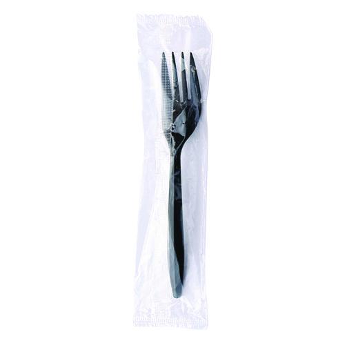 Image of Boardwalk® BWKFORKBLPPIW Mediumweight Wrapped Polypropylene Cutlery, Fork, Plastic, Black, 1,000/Carton