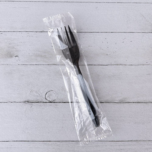 Image of Boardwalk® BWKFORKBLPPIW Mediumweight Wrapped Polypropylene Cutlery, Fork, Plastic, Black, 1,000/Carton