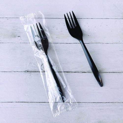 Image of Boardwalk® BWKFORKBLPPIW Mediumweight Wrapped Polypropylene Cutlery, Fork, Plastic, Black, 1,000/Carton