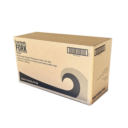 Image of Boardwalk® BWKFORKBLPPIW Mediumweight Wrapped Polypropylene Cutlery, Fork, Plastic, Black, 1,000/Carton