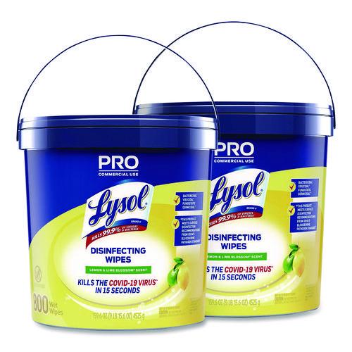 Image of LYSOL® Brand 19200-99856 Professional Disinfecting Wipe Bucket, 1-Ply, 6 x 8, Lemon and Lime Blossom, White, 800 Wipes/Bucket, 2 Buckets/Carton