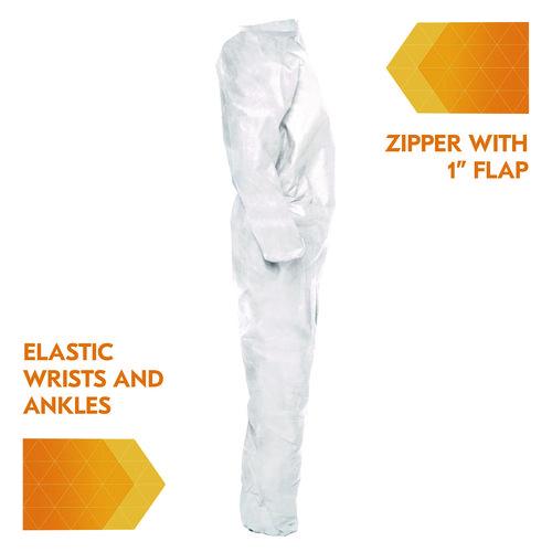 Image of KleenGuard KCC 49103 A20 Breathable Particle Protection Coveralls, Zip Front, Elastic Back, Wrists, Ankles, Large, White, 24/Carton
