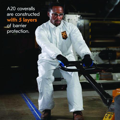 Image of KleenGuard KCC 49103 A20 Breathable Particle Protection Coveralls, Zip Front, Elastic Back, Wrists, Ankles, Large, White, 24/Carton