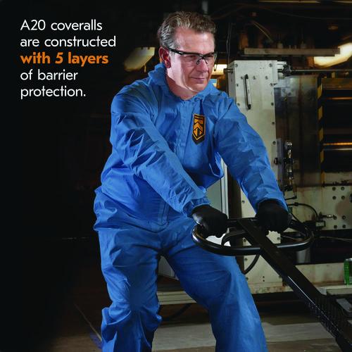 Image of KleenGuard KCC 58515 A20 Breathable Particle Protection Coveralls, Zip Front, Hood, Elastic Back, Wrists, Ankles, 2X-Large, Blue, 24/Carton