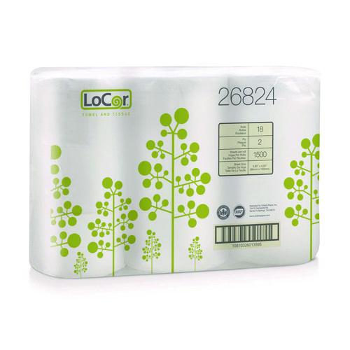 Image of LoCor® 26824 High-Capacity Bath Tissue, 2-Ply, White, 1,500 Sheets/Roll, 18 Rolls/Carton
