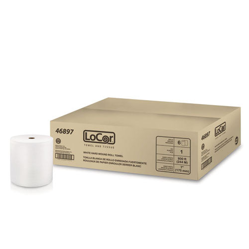 Image of LoCor® 46897 Hard Wound Roll Towel, 1-Ply, 7" x 800 ft, White, 6 Rolls/Carton