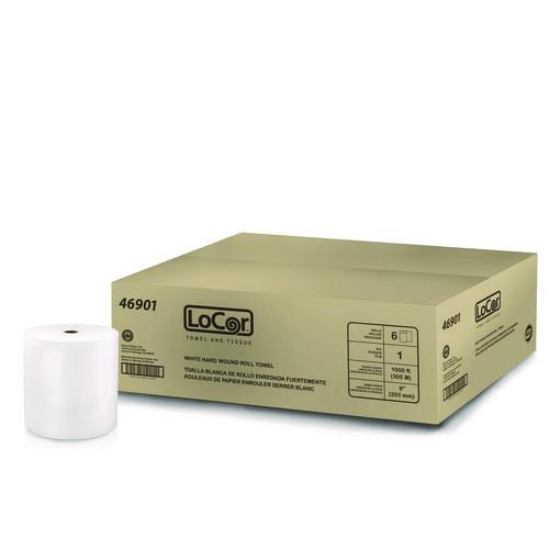 Image of LoCor® 46901 Hard Wound Roll Towel, 1-Ply, 8" x 1,000 ft, White, 6 Rolls/Carton