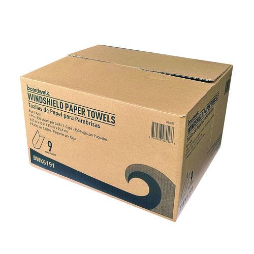 Image of Boardwalk® BWK6191 Windshield Paper Towels, 9.05 x 10, Blue, 250/Pack, 9 Packs/Carton