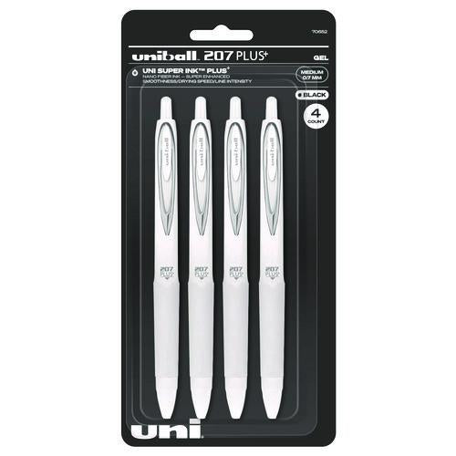 Image of uniball® 70652 207 Plus+ Gel Pen, Retractable, Medium 0.7 mm, Black Ink, White Barrel, 4/Pack