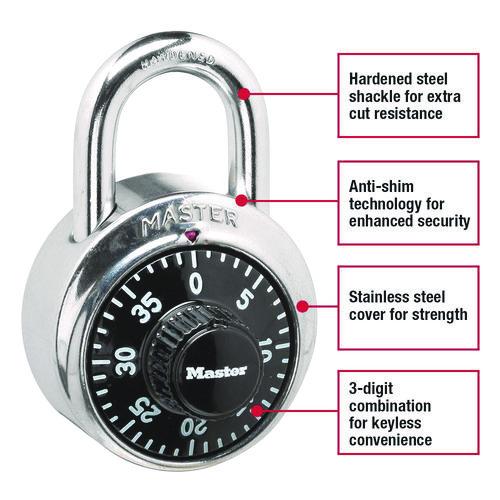 Image of Master Lock® 1500-T Combination Lock, Stainless Steel, 1.87" Wide, Silver/Black, 2/Pack