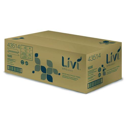 Image of Livi® VPG Select 43514 Multifold Towel, 1-Ply, 9.45 x, 9.06, White, 250/Pack, 16 Packs/Carton