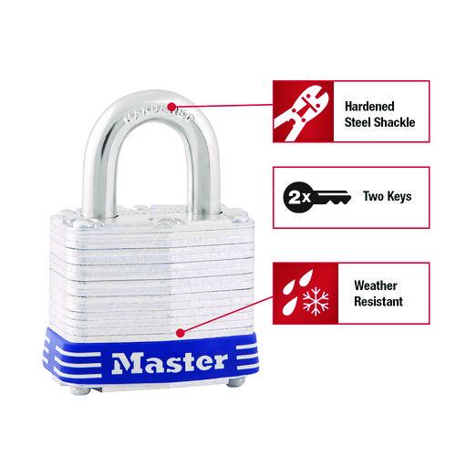 Image of Master Lock® 3D Four-Pin Tumbler Lock, Laminated Steel Body, 1.56" Wide, Silver/Blue, 2 Keys
