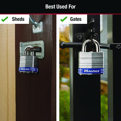 Image of Master Lock® 7D Four-Pin Tumbler Lock, Laminated Steel Body, 1.12" Wide, Silver/Blue, 2 Keys