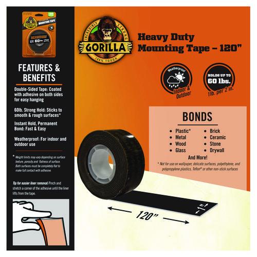 Image of Gorilla® 102441 Heavy Duty Mounting Tape, Permanent, Holds Up to 1 lb/2 sq in, 1" x 120", Black