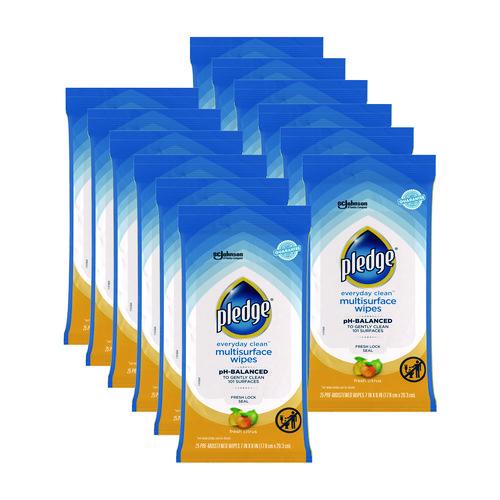 Image of Pledge® 319249 Multi-Surface Cleaner Wet Wipes, Cloth, 7 x 10, Fresh Citrus, White, 25/Pack, 12 Packs/Carton