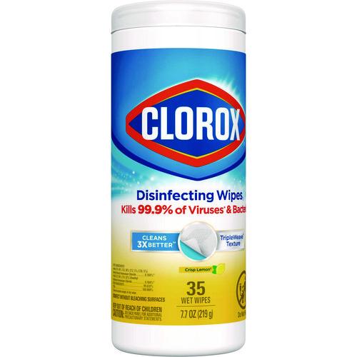 Image of Clorox® 01594 Disinfecting Wipes, Bleach Free Cleaning Wipes, 1-Ply, 7 x 8, Crisp Lemon, White, 35/Canister, 12 Canisters/Carton