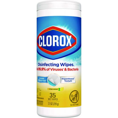 Image of Clorox® 01594 Disinfecting Wipes, Bleach Free Cleaning Wipes, 1-Ply, 7 x 8, Crisp Lemon, White, 35/Canister, 12 Canisters/Carton