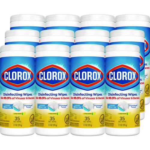 Image of Clorox® 01594 Disinfecting Wipes, Bleach Free Cleaning Wipes, 1-Ply, 7 x 8, Crisp Lemon, White, 35/Canister, 12 Canisters/Carton