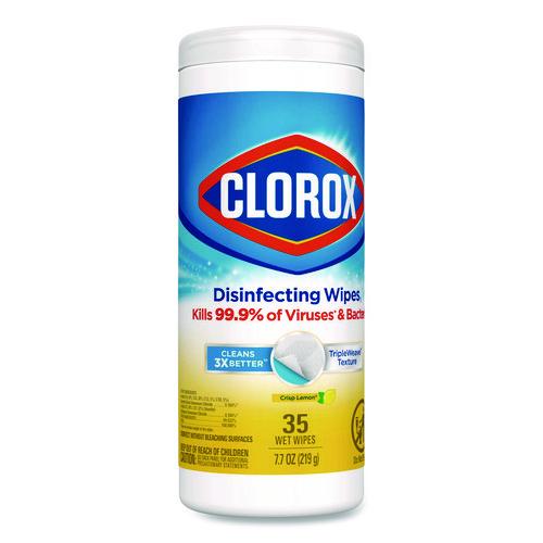 Image of Clorox® 01594 Disinfecting Wipes, Bleach Free Cleaning Wipes, 1-Ply, 7 x 8, Crisp Lemon, White, 35/Canister