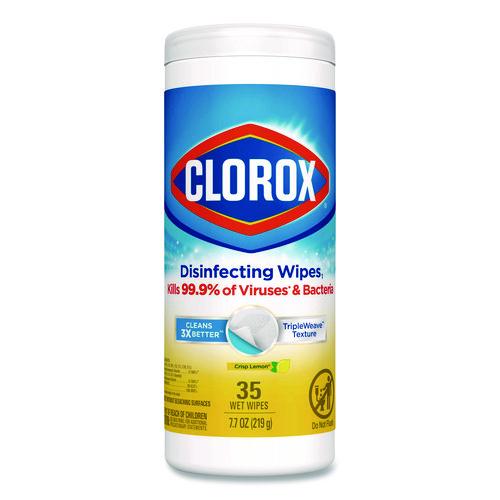 Image of Clorox® 01594 Disinfecting Wipes, Bleach Free Cleaning Wipes, 1-Ply, 7 x 8, Crisp Lemon, White, 35/Canister