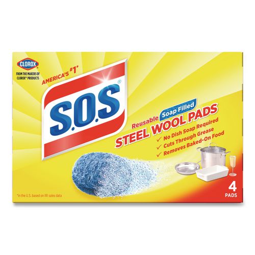 Image of S.O.S.® 98041 Steel Wool Soap Pads, Steel, 4/Box, 24 Boxes/Carton