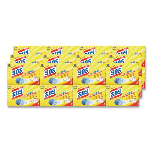 Image of S.O.S.® 98041 Steel Wool Soap Pads, Steel, 4/Box, 24 Boxes/Carton