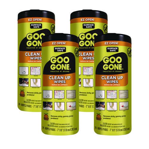 Image of Goo Gone® Clean Up Wipes, 1-Ply, 8 x 7, Citrus Scent, White, 24/Canister, 4 Canisters/Carton
