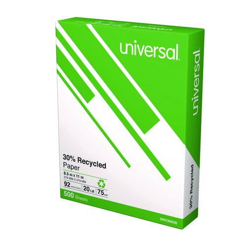 Image of UniversalÂ® 30% Recycled Copy Paper, 92 Bright, 20 lb Bond Weight, 8.5 x 11, White, 500 Sheets/Ream, 10 Reams/Carton