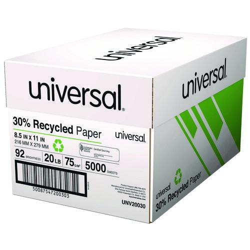 Image of UniversalÂ® 30% Recycled Copy Paper, 92 Bright, 20 lb Bond Weight, 8.5 x 11, White, 500 Sheets/Ream, 10 Reams/Carton