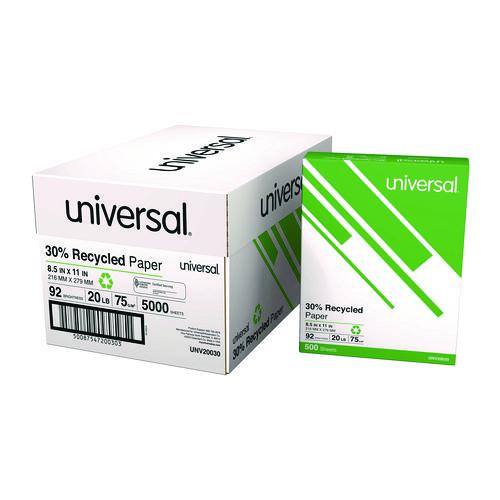 Image of UniversalÂ® 30% Recycled Copy Paper, 92 Bright, 20 lb Bond Weight, 8.5 x 11, White, 500 Sheets/Ream, 10 Reams/Carton