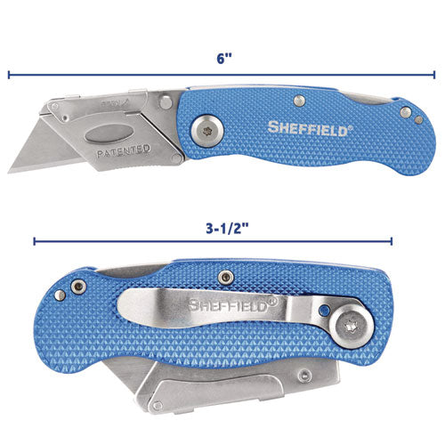 Image of Great Neck® 12113 Sheffield Folding Lockback Knife, 1 Utility Blade, 2" Blade, 3.5" Aluminum Handle, Blue
