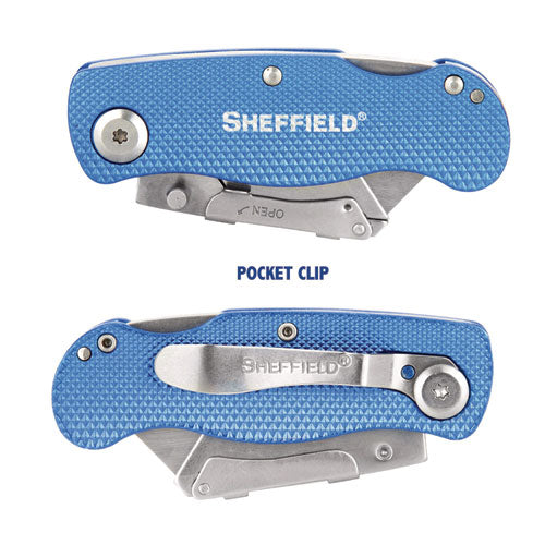 Image of Great Neck® 12113 Sheffield Folding Lockback Knife, 1 Utility Blade, 2" Blade, 3.5" Aluminum Handle, Blue
