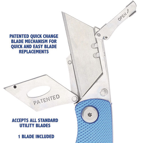 Image of Great Neck® 12113 Sheffield Folding Lockback Knife, 1 Utility Blade, 2" Blade, 3.5" Aluminum Handle, Blue