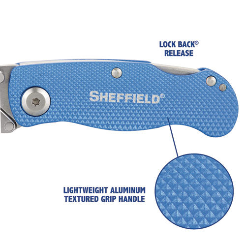Image of Great Neck® 12113 Sheffield Folding Lockback Knife, 1 Utility Blade, 2" Blade, 3.5" Aluminum Handle, Blue