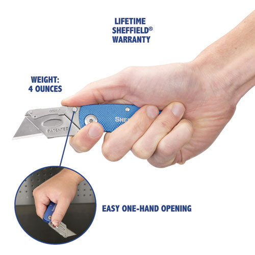 Image of Great Neck® 12113 Sheffield Folding Lockback Knife, 1 Utility Blade, 2" Blade, 3.5" Aluminum Handle, Blue