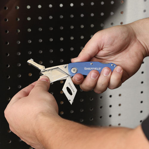 Image of Great Neck® 12113 Sheffield Folding Lockback Knife, 1 Utility Blade, 2" Blade, 3.5" Aluminum Handle, Blue
