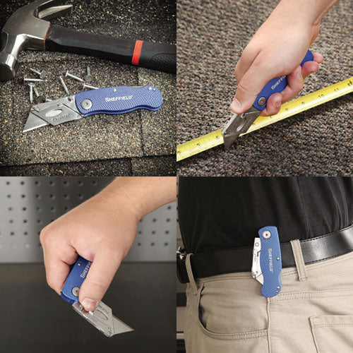 Image of Great Neck® 12113 Sheffield Folding Lockback Knife, 1 Utility Blade, 2" Blade, 3.5" Aluminum Handle, Blue