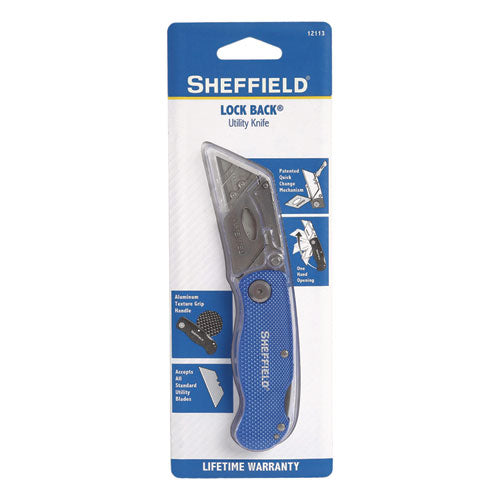 Image of Great Neck® 12113 Sheffield Folding Lockback Knife, 1 Utility Blade, 2" Blade, 3.5" Aluminum Handle, Blue