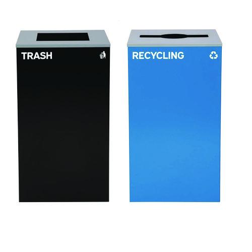 Image of Alpine Industries ALP4450BLKKIT4 29 Gallon Trash/Recycling Cans, Steel, Blue Recycling with Mixed Lid, Black Trash Can with Square Lid