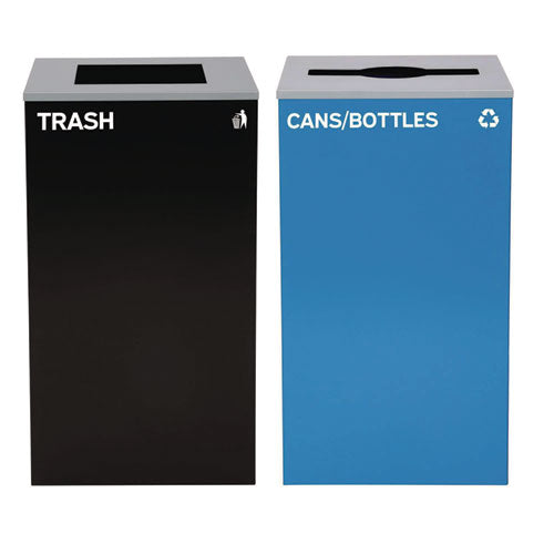 Image of Alpine Industries ALP4450BLKKIT5 29 Gallon Trash/Recycling Cans, Steel, Blue Cans/Bottles Recycling with Mixed Lid, Black Trash Can with Square Lid