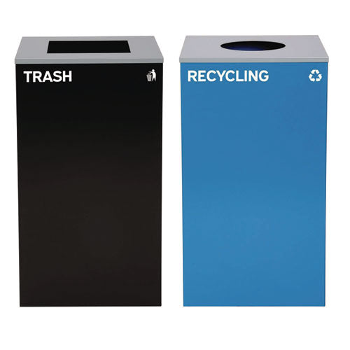 Image of Alpine Industries ALP4450BLKKIT6 29 Gallon Trash/Recycling Cans, Steel, Blue Recycling with Circle Lid, Black Trash Can with Square Lid