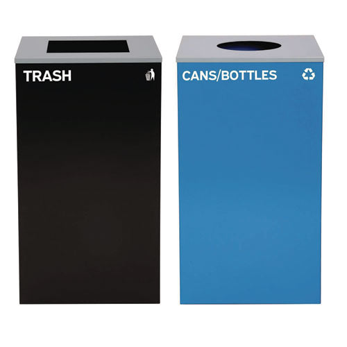 Image of Alpine Industries ALP4450BLKKIT7 29 Gallon Trash/Recycling Cans, Steel, Blue Cans/Bottles Recycling with Circle Lid, Black Trash Can with Square Lid