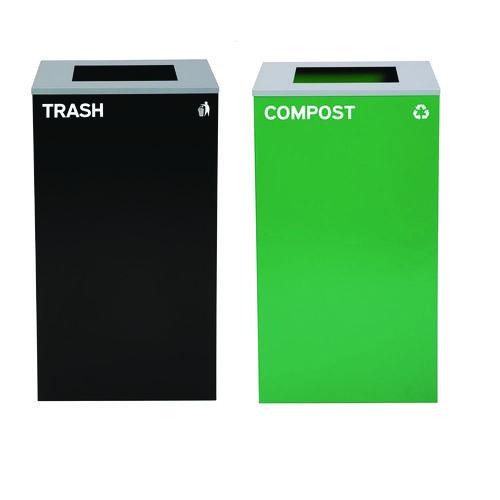 Image of Alpine Industries ALP4450BLKKIT9 29 Gallon Trash/Recycling Cans, Steel, Green Compost Can with Square Lid, Black Trash Can with Square Lid
