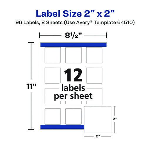 Image of Avery® 64510 Laser/Inkjet Multipurpose Label, 2 x 2, White, 12/Sheet, 8 Sheets/Pack