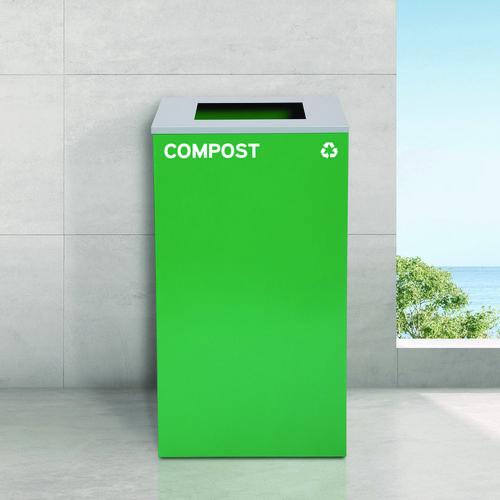 Image of Alpine Industries 29 Gallon Trash/Recycling Cans, Steel, Blue Cans/Bottles Recycling Can, Green Compost Can, Black Trash Can with Square Lids